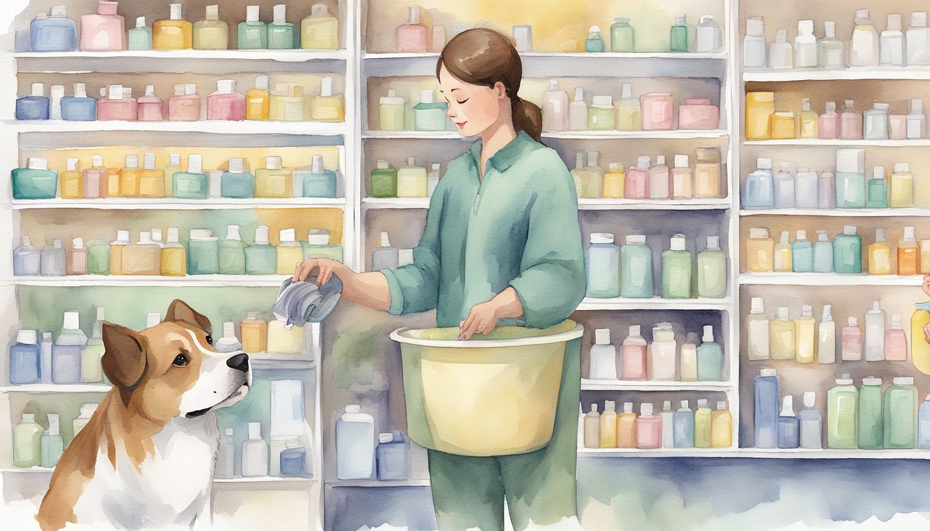 A dog owner selects antifungal shampoo from a shelf, then bathes their dog with it