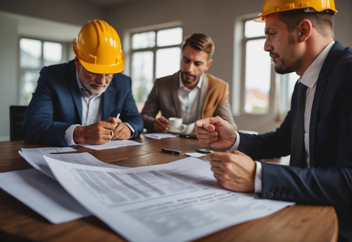 Terreno Parcelado Direto com a Construtora e o Distrato: Entenda os Processos 1 A buyer and a builder discussing a land purchase contract, with a focus on installment payments and contract termination