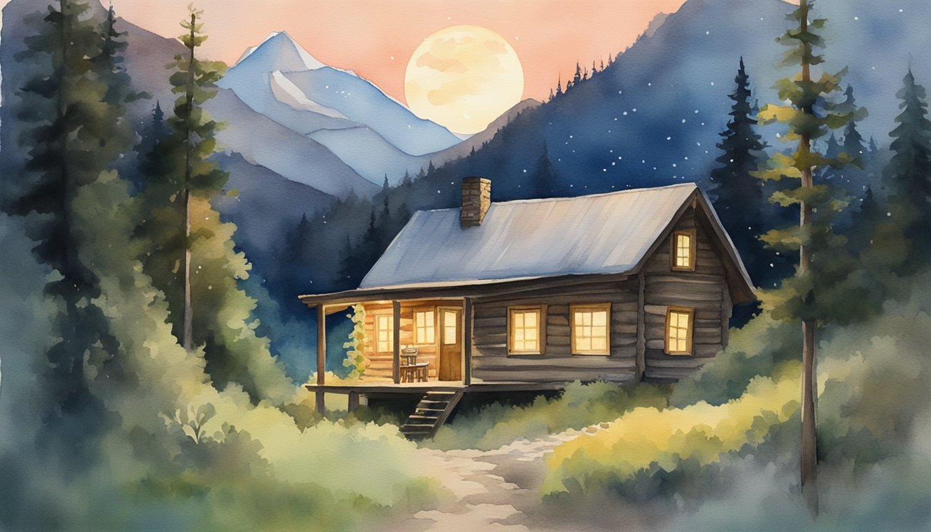 A rustic cabin nestled in the mountains, with a still brewing mountain dew moonshine under the glow of the moon