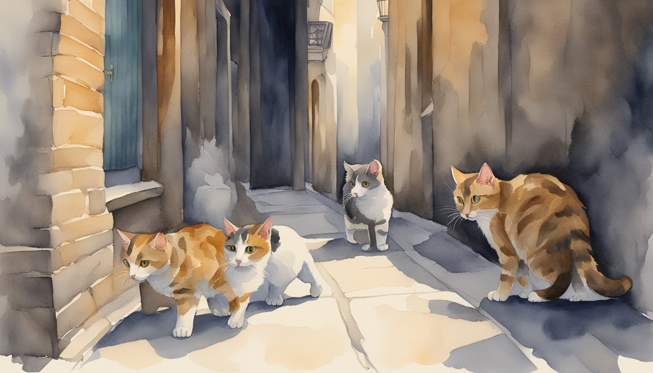 Cats stalking rats in a dimly lit alley, pouncing and catching them in their sharp claws