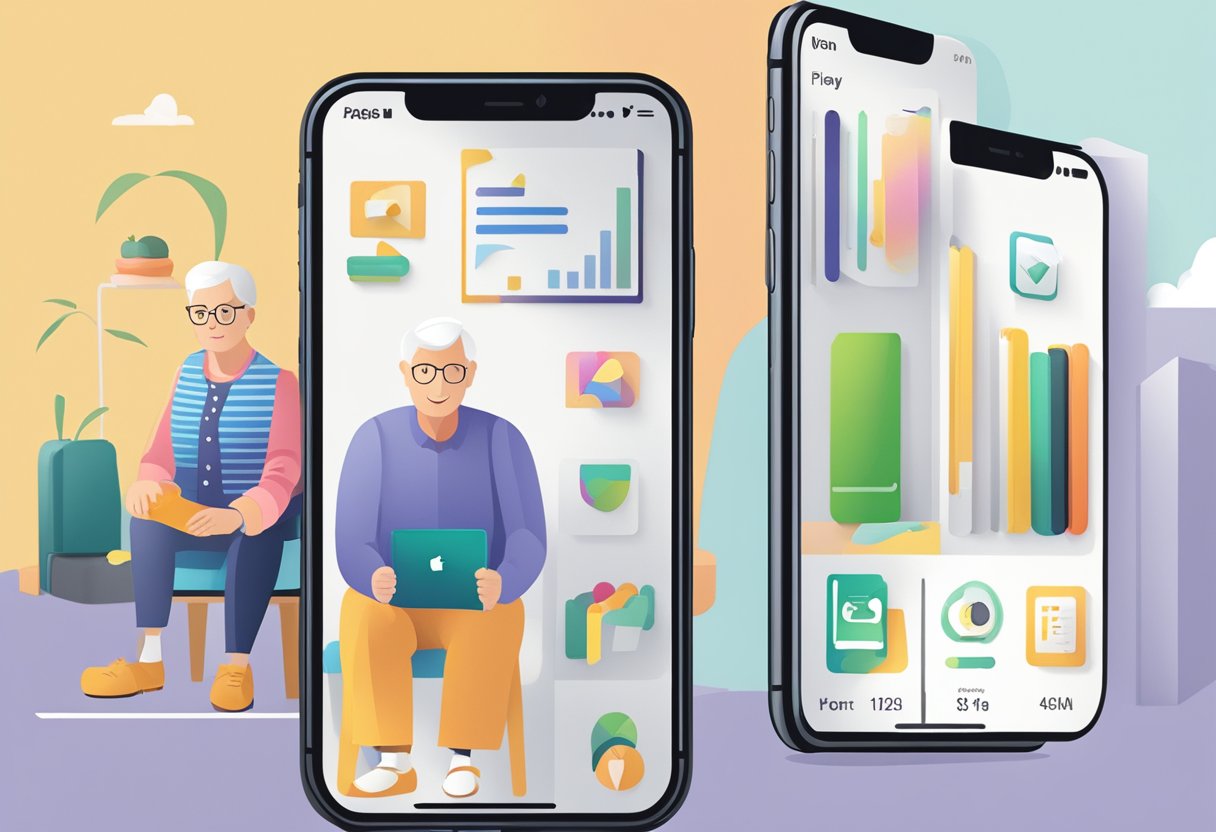 The iPhone screen displays accessibility tools for seniors