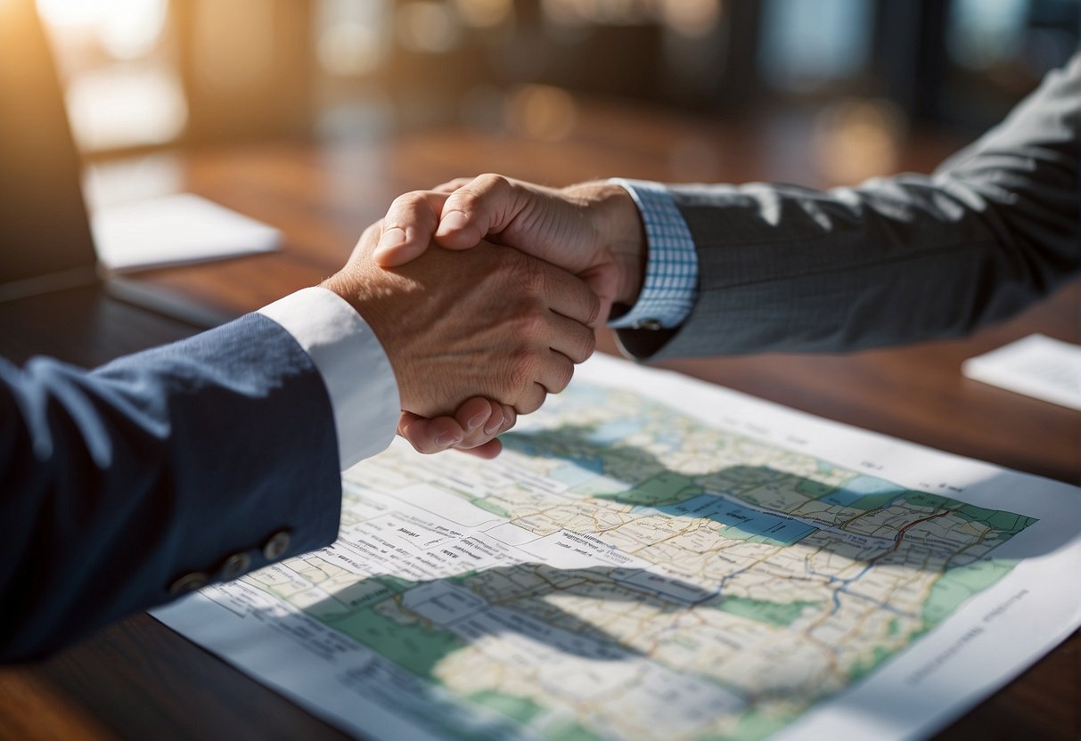 Financiamento De Terreno Direto Com a Loteadora e o Distrato: Entenda os Termos e Condições 1 A handshake between the land developer and buyer, with a contract and map in the background