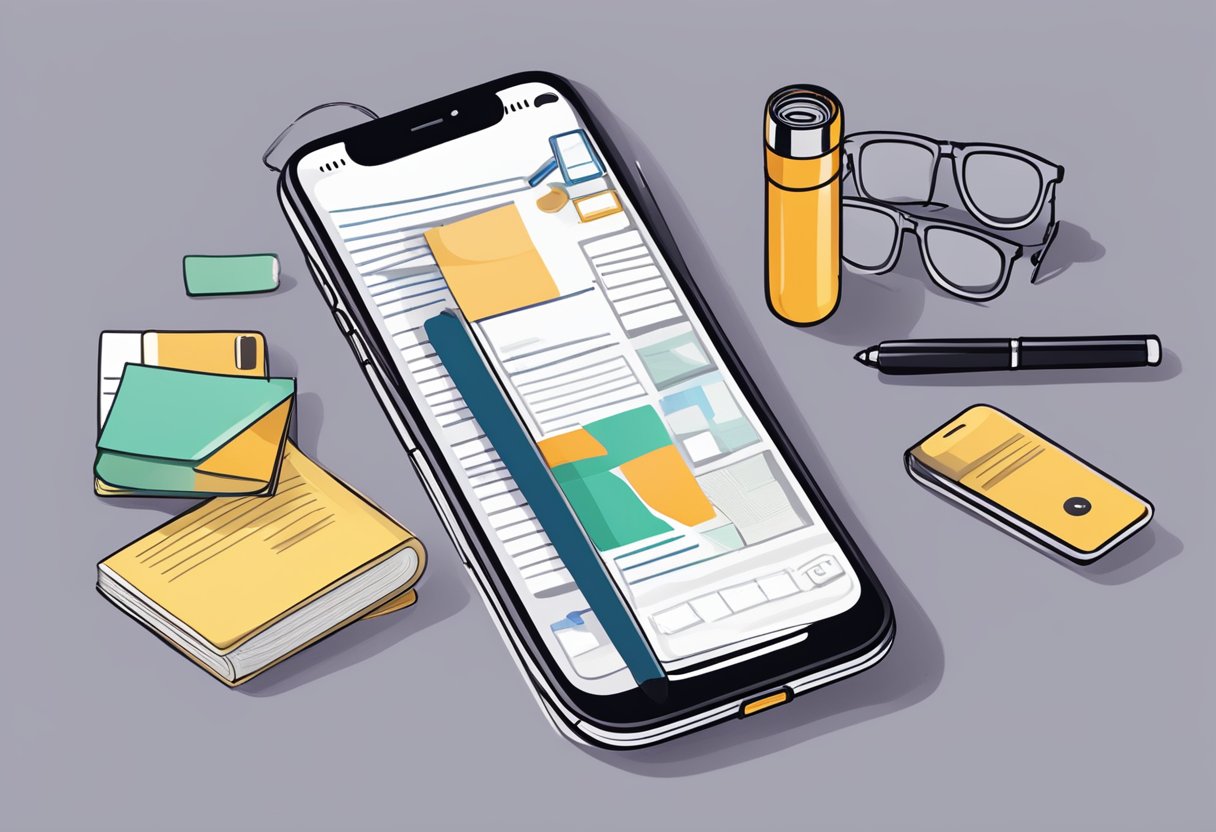 An iPhone with organization apps open, surrounded by a pair of reading glasses and a notebook