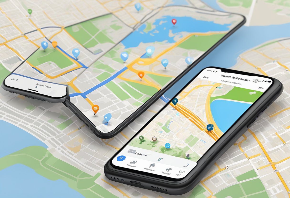 The iPhone screen displays navigation and travel apps, with icons for maps, GPS, and language translation, aiding elderly users