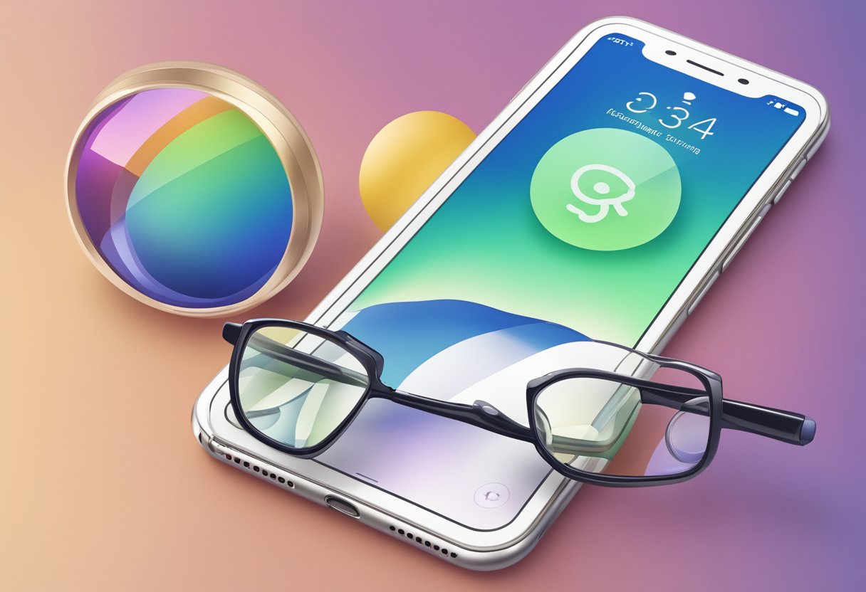 An iPhone with enlarged icons for accessibility tools, next to a pair of reading glasses and a magnifying glass