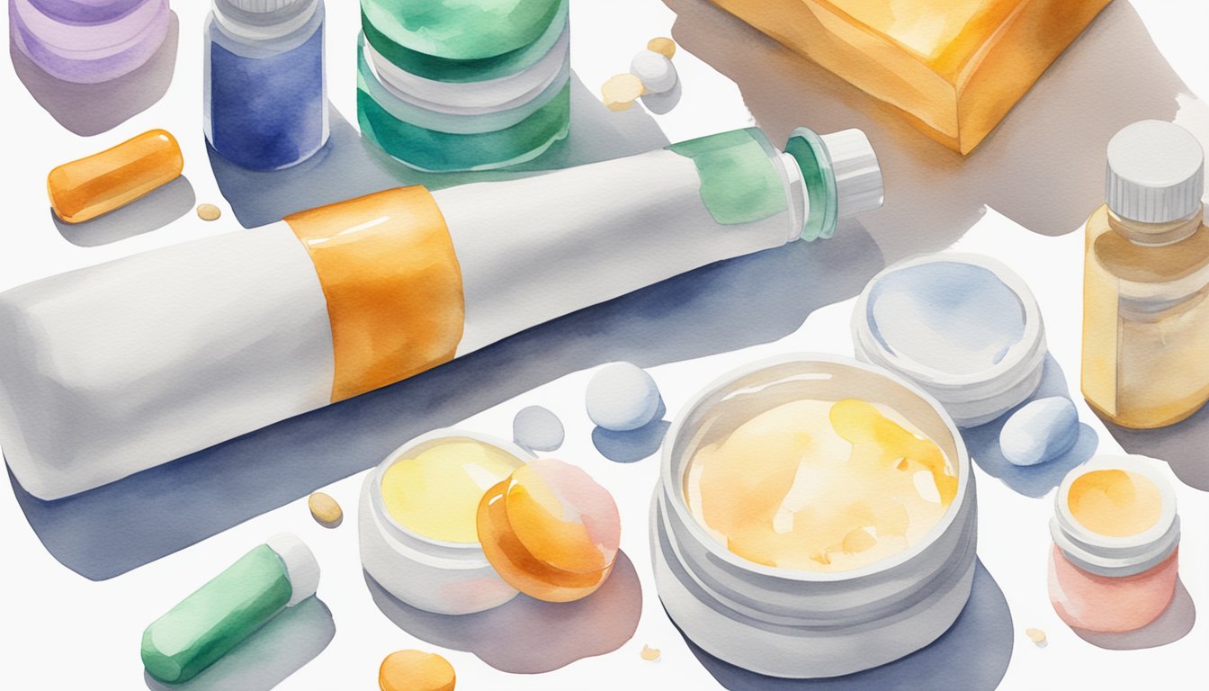 A bottle of vitamin treatment sits next to a tube of scar cream, surrounded by scattered acne medication.</p><p>The products are arranged neatly on a clean, white surface, with a bright spotlight highlighting their effectiveness