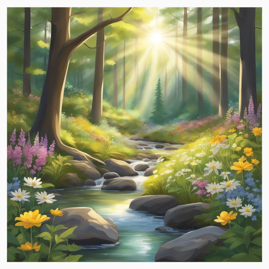 A serene forest clearing with a babbling brook, sunlight filtering through the trees, and a variety of wildflowers in bloom