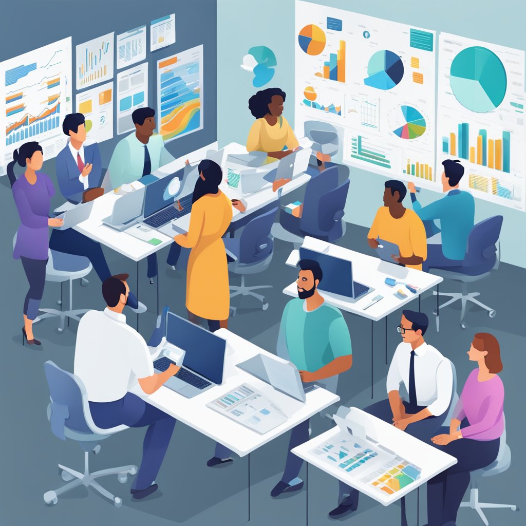 A bustling office with diverse professionals discussing data extraction software. Charts and graphs on the walls show target audience demographics