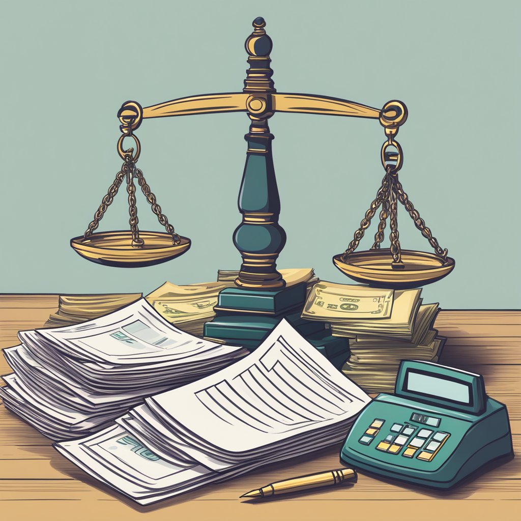 A scale weighing money and a stack of legal documents, surrounded by ethical symbols and a sign for LocalScraper Alternative