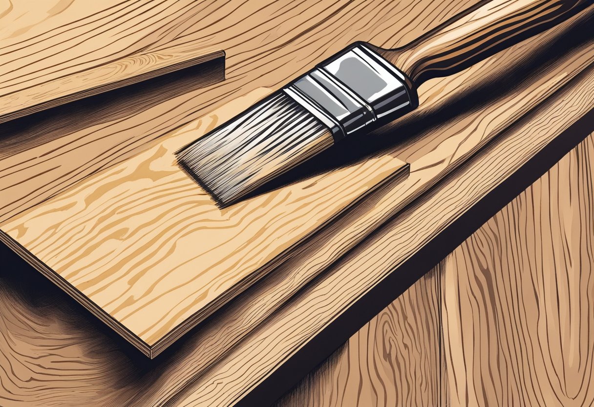 Plywood being stained with a brush, the wood absorbing the color, creating a rich, deep hue