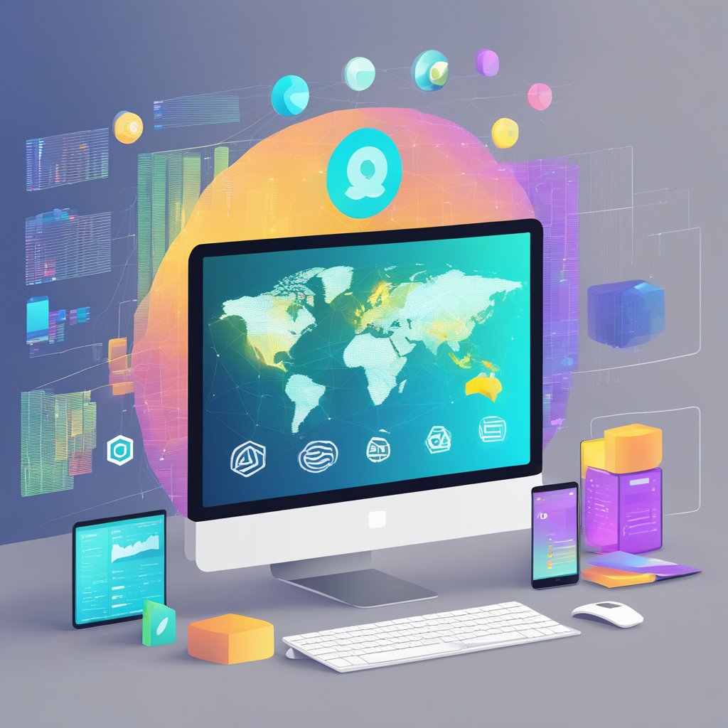 A computer screen with the Apify logo displayed, surrounded by code and data visualizations