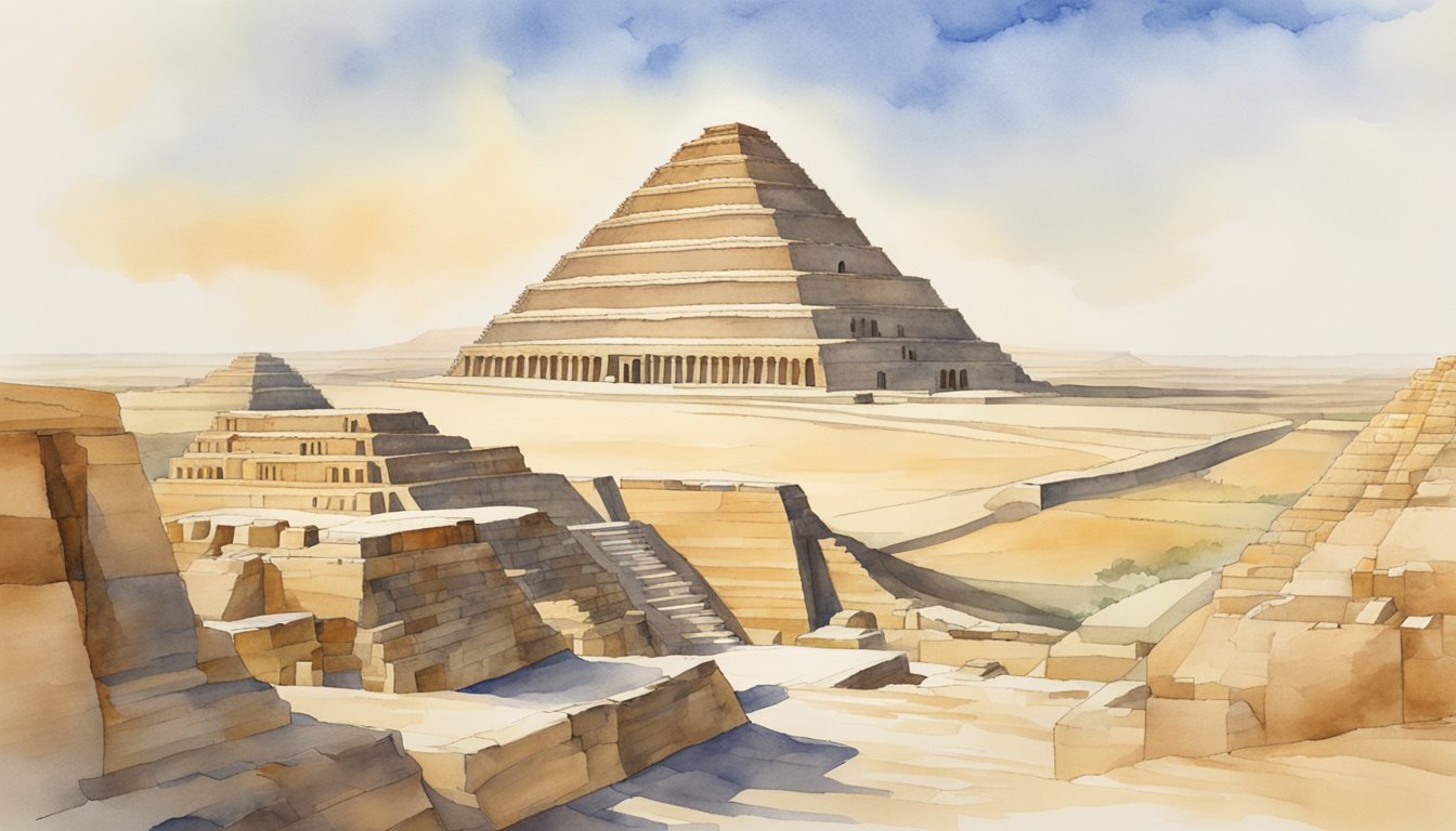 The ancient Step Pyramid of Djoser rises above the Saqqara necropolis, surrounded by smaller pyramids and ruins of ancient tombs