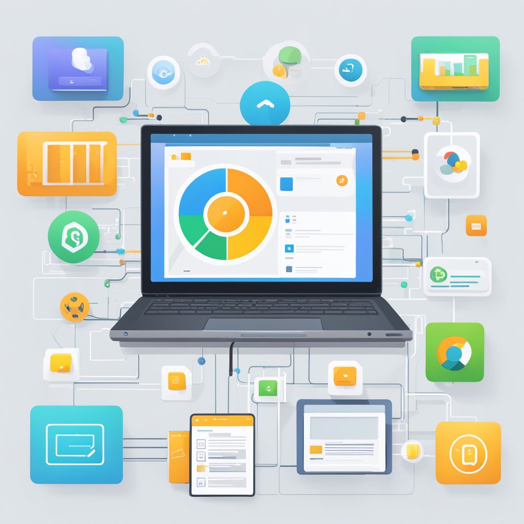 A laptop displaying Apify's interface connects with various apps and platforms, showcasing its integration capabilities