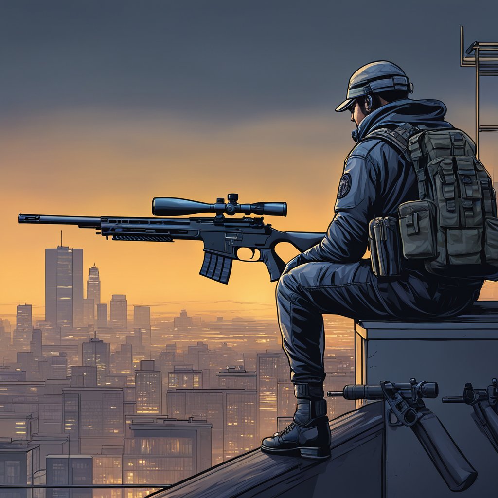 A lone sniper perched on a rooftop, overlooking a city skyline at dusk, with a rifle pointed towards a distant target