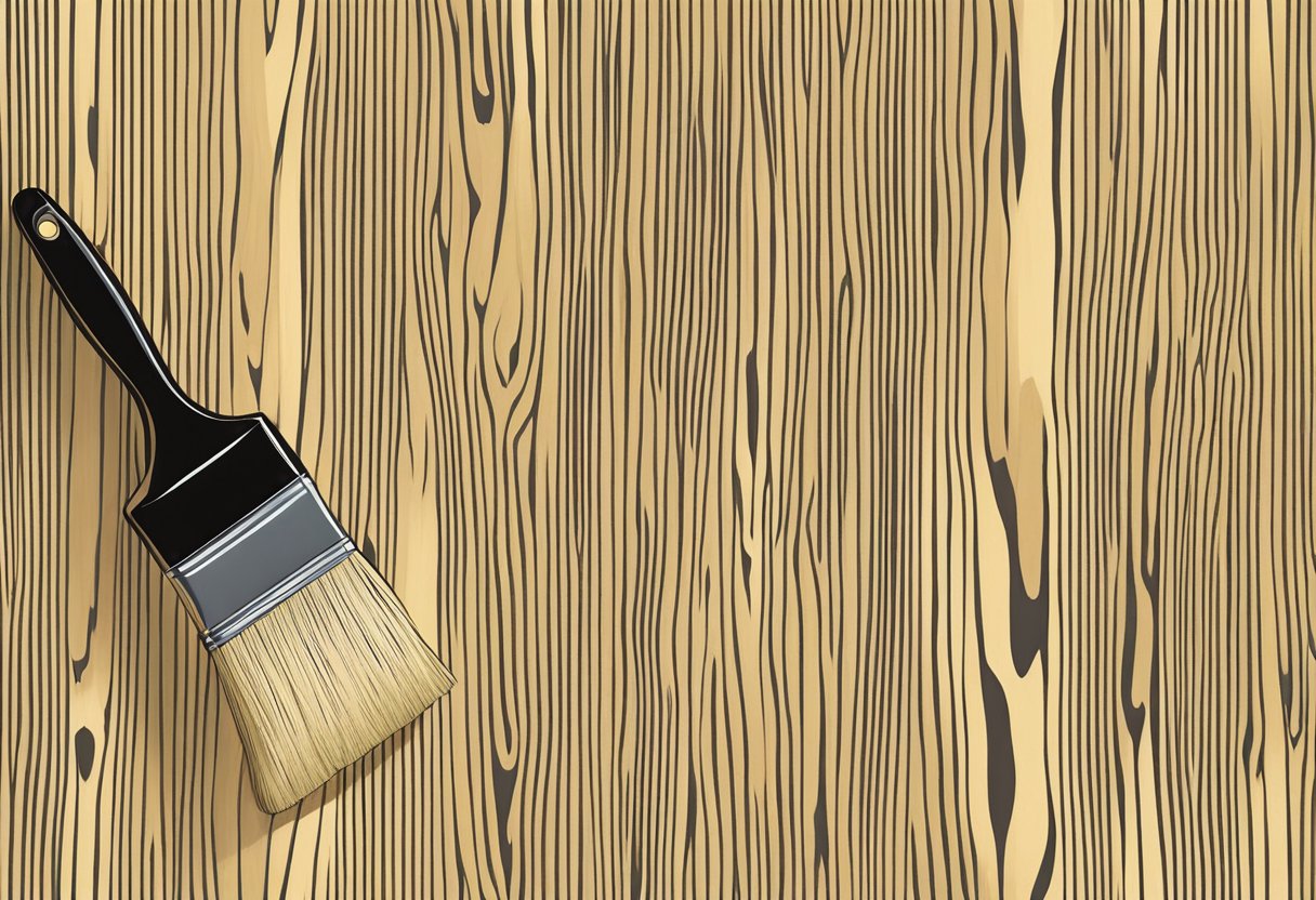 A brush applies stain to plywood, creating a smooth, even finish