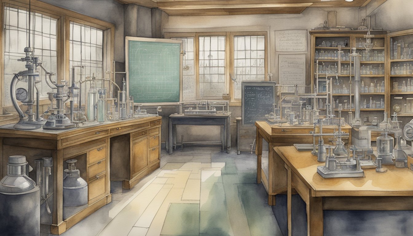 A laboratory filled with scientific equipment and documents from the 1940s, with a chalkboard covered in complex equations and diagrams