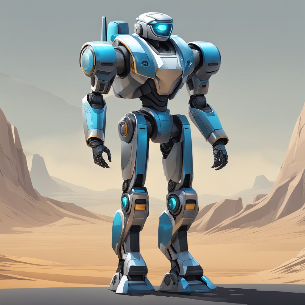 A sleek, futuristic robot stands tall, with advanced targeting systems and sleek design, ready for action