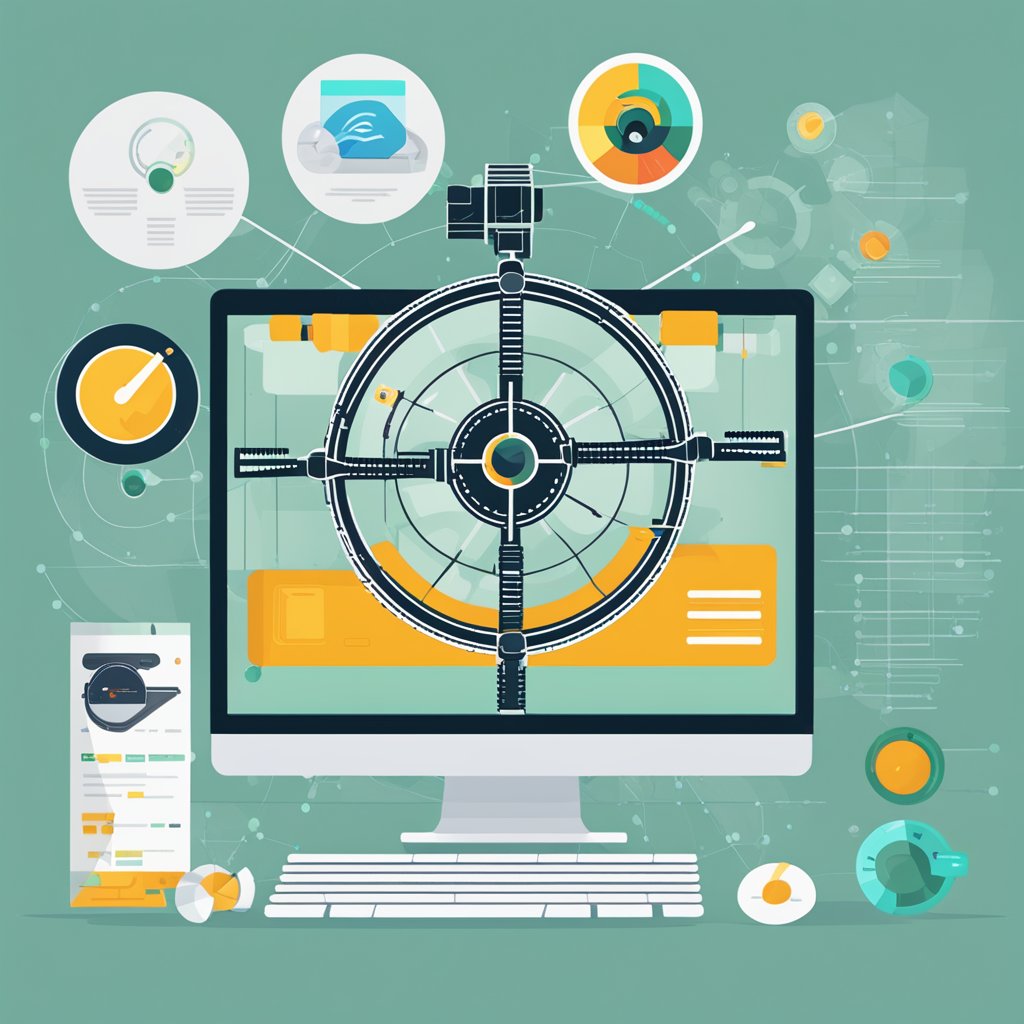 A computer screen displaying a variety of marketing automation tools with a sniper scope overlay, symbolizing the precision and targeting capabilities of the LeadsSniper alternative