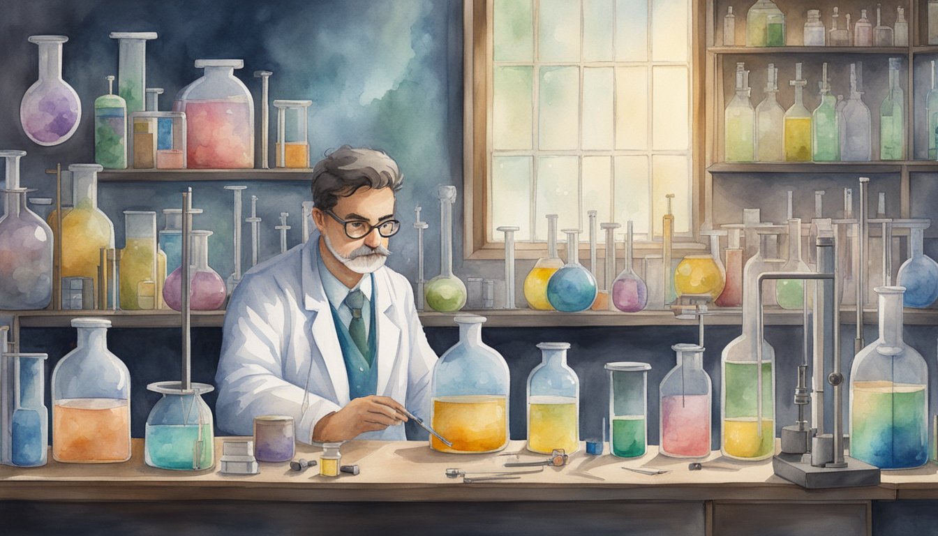 A scientist in a lab, surrounded by test tubes and equipment, pondering a complex equation on a chalkboard