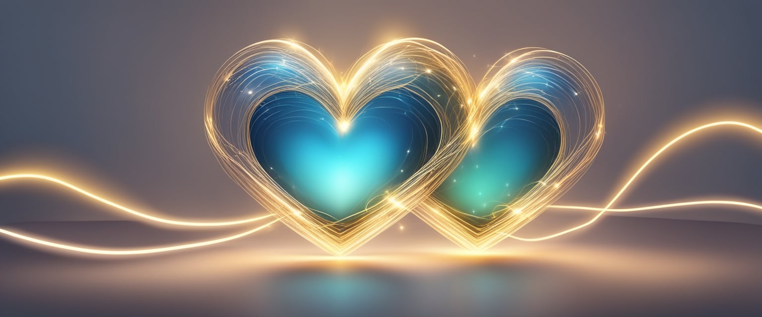 Two hearts surrounded by a radiant glow, connected by a shimmering thread of light