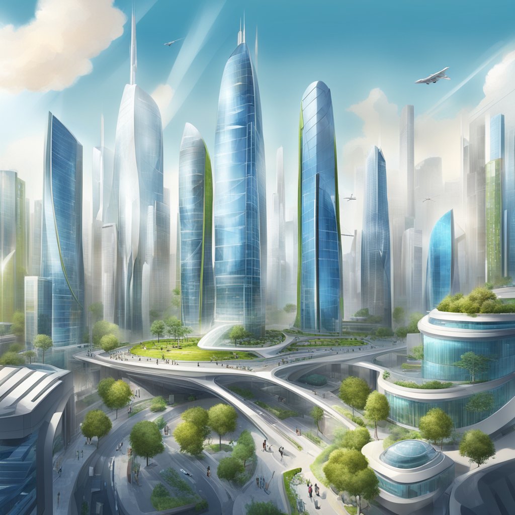 A bustling cityscape with futuristic skyscrapers and alternative energy sources integrated into the buildings' design