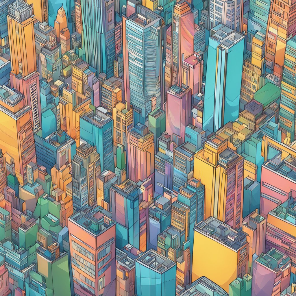 A bustling city skyline with various skyscrapers, some with unique designs and colors, as people explore alternatives to Outscraper