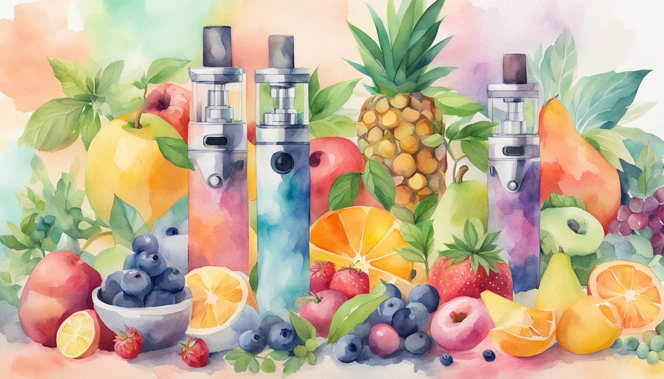 A colorful assortment of fruits and herbs, surrounded by clean, modern vape devices emitting gentle vapor