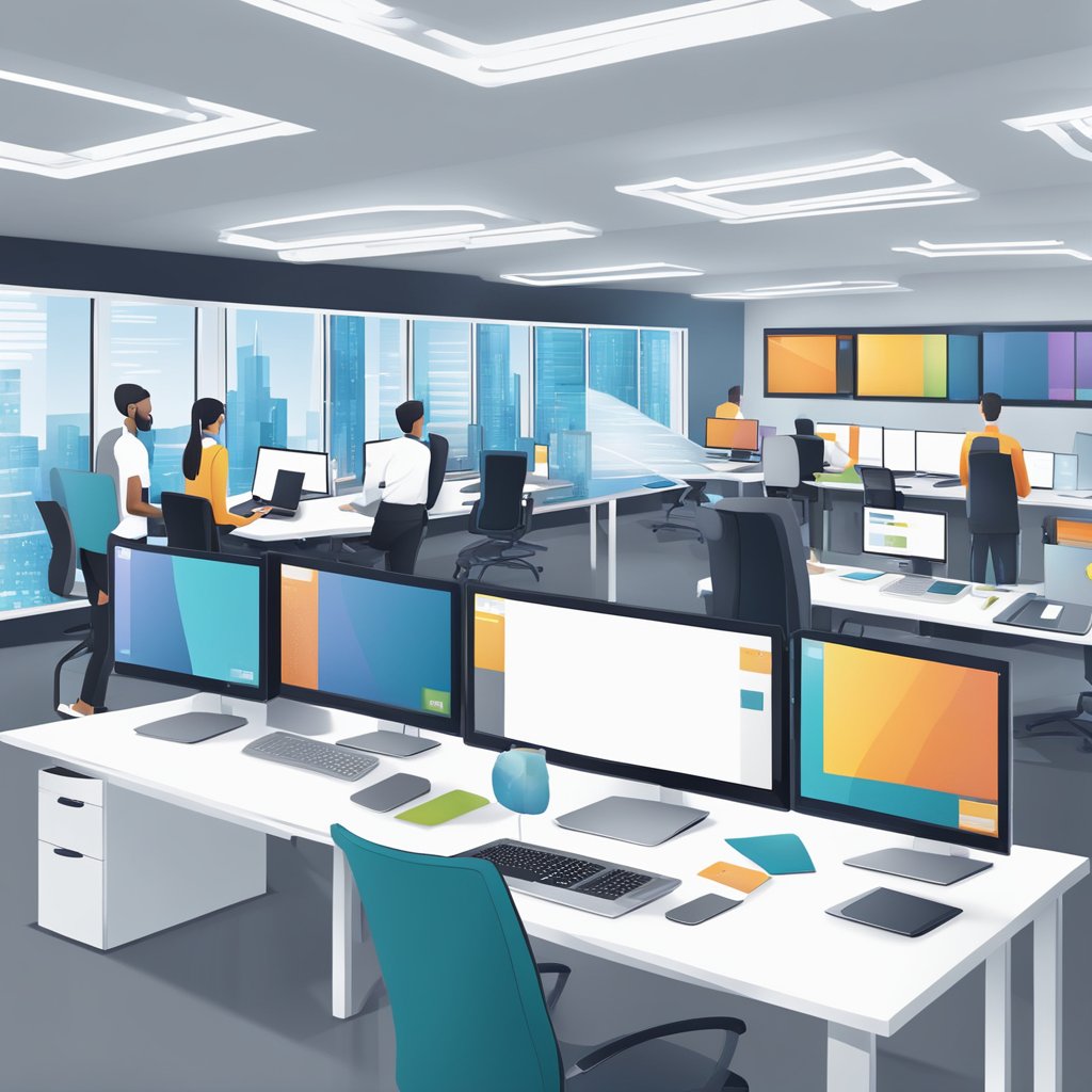 A sleek, modern office setting with multiple computer screens displaying data. A team of professionals collaborating on business applications
