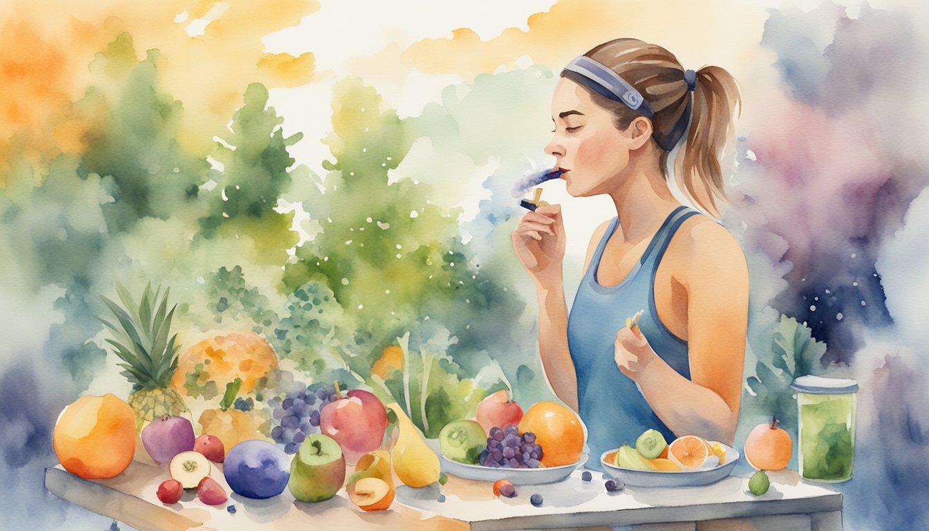 A person vaping outdoors while engaging in physical activity, surrounded by healthy lifestyle items such as fruits, vegetables, and exercise equipment