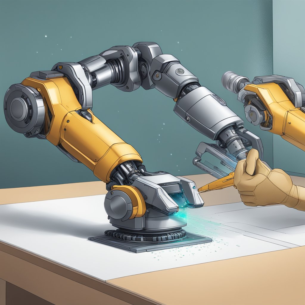 A robotic arm scrapes a surface with precision, while a high-tech tool hovers nearby
