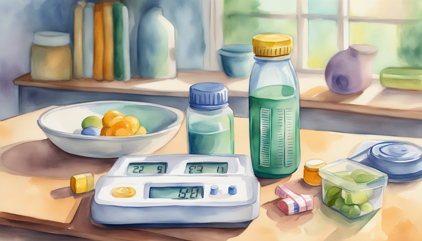 A bottle of migraine medication next to a scale, with a measuring tape wrapped around it.</p><p>A healthy meal and exercise equipment in the background