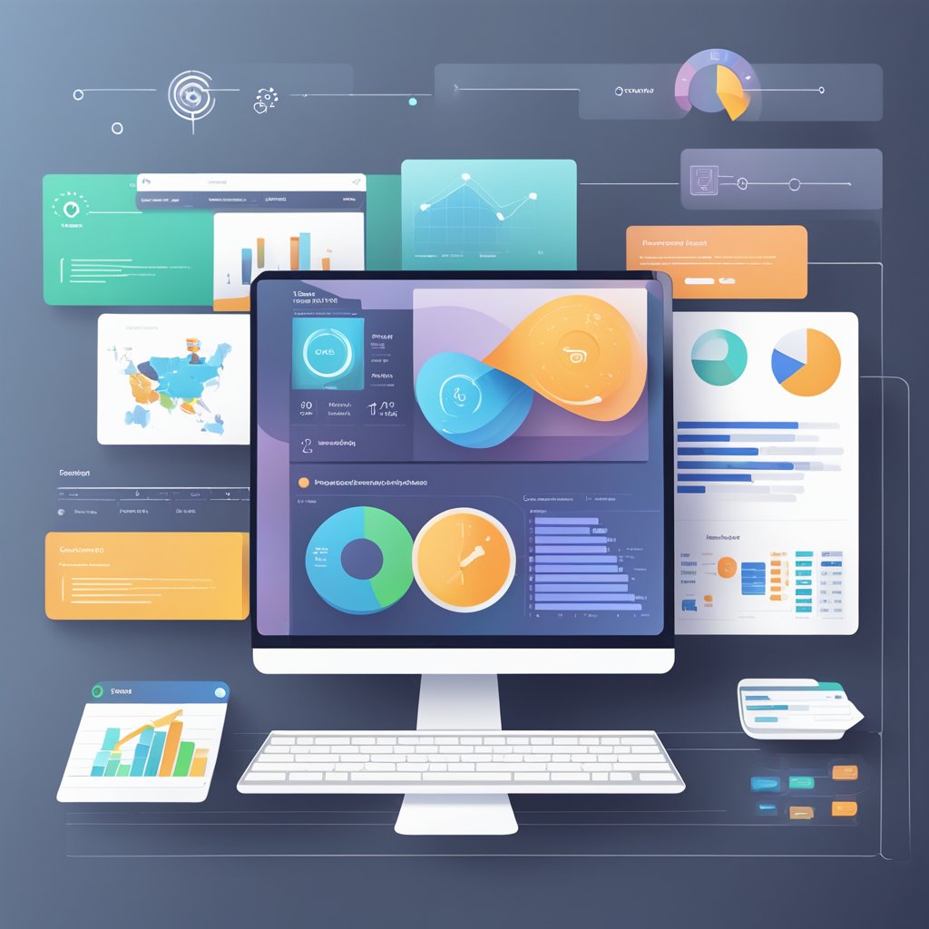 A computer screen displaying a user-friendly CRM interface with customizable features and lead management tools. Graphs and charts show data analytics and performance metrics