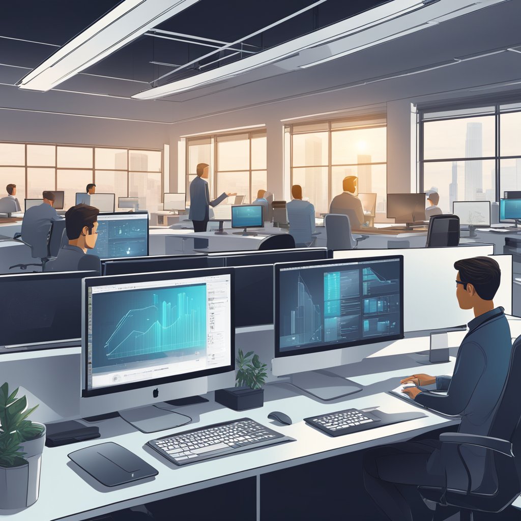 Machinery hums in a sleek, modern office. Customized software interfaces glow on computer screens, while employees work diligently at their desks