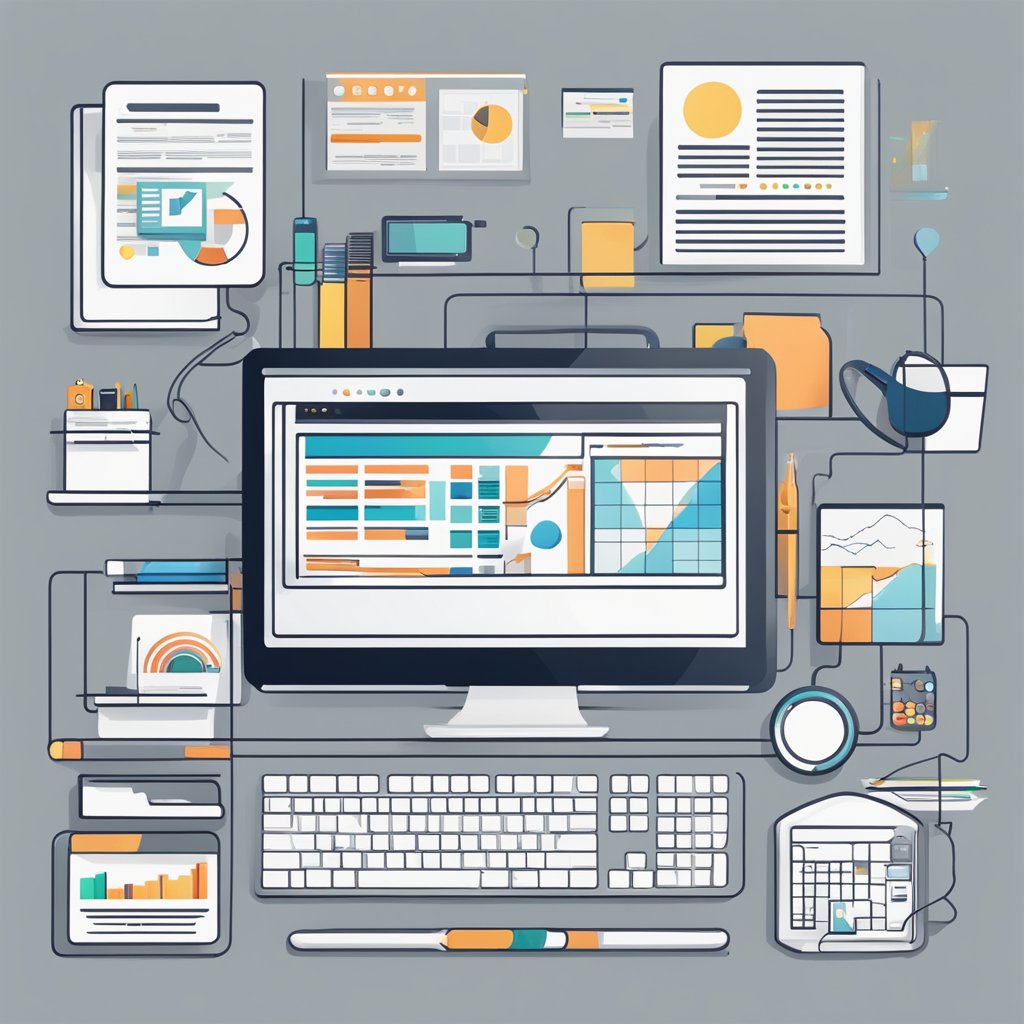 A computer screen displaying various SEO and content analysis tools, with a keyboard and mouse nearby