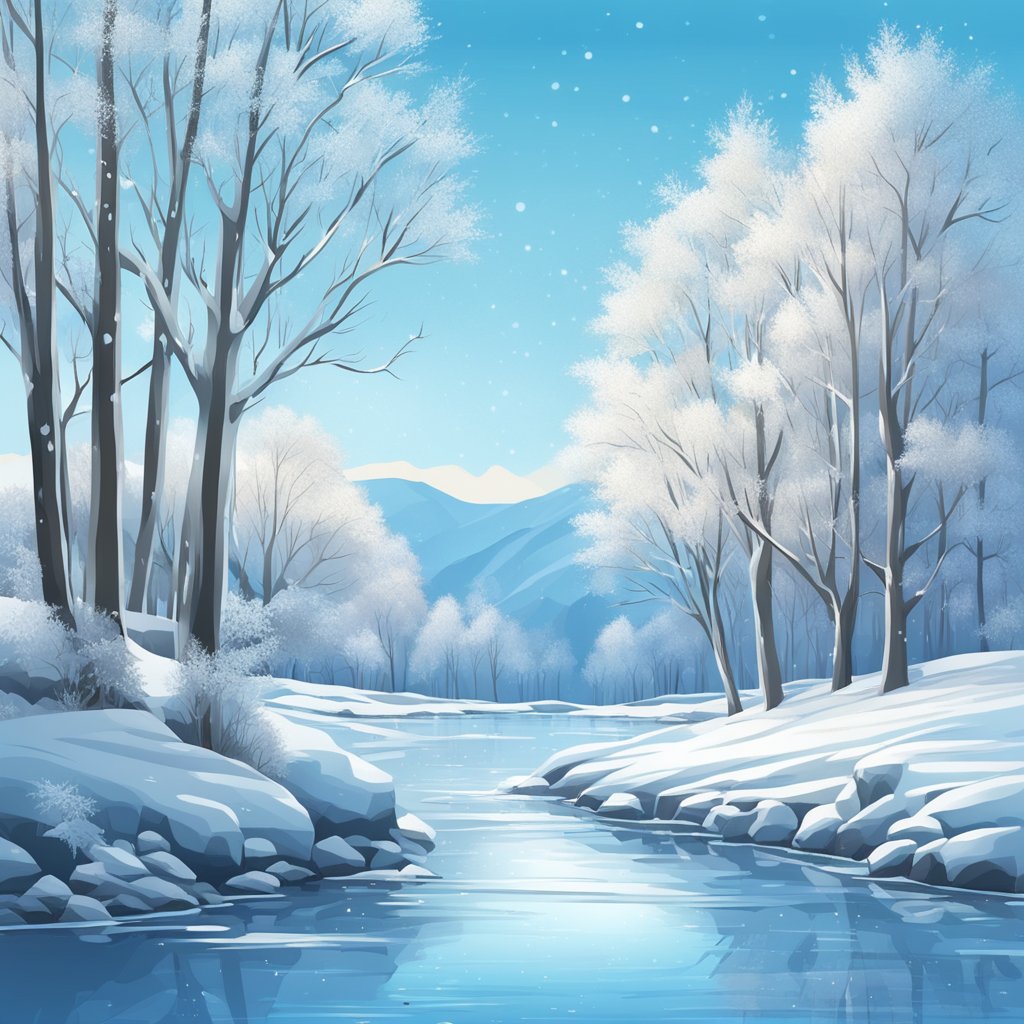 A frozen landscape with a shimmering icy river, snow-covered trees, and a clear blue sky