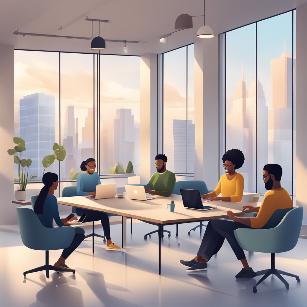 A group of diverse individuals using laptops and mobile devices, collaborating and sharing ideas in a modern office space with sleek, minimalist furniture and large windows allowing natural light to illuminate the room