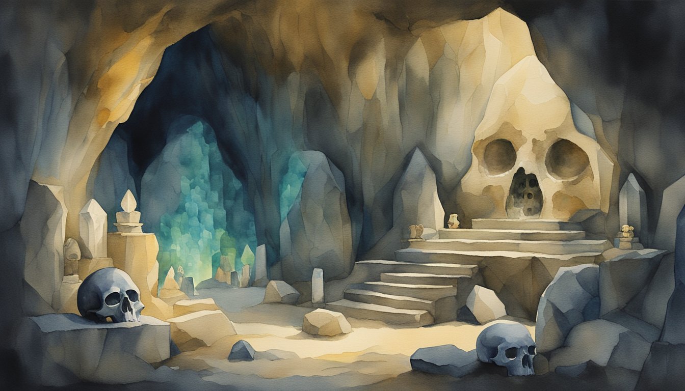 A dimly lit cave with ancient artifacts, including crystal skulls, resting on stone pedestals.</p><p>The skulls emit an eerie glow, adding to the mystery of their origins and authenticity