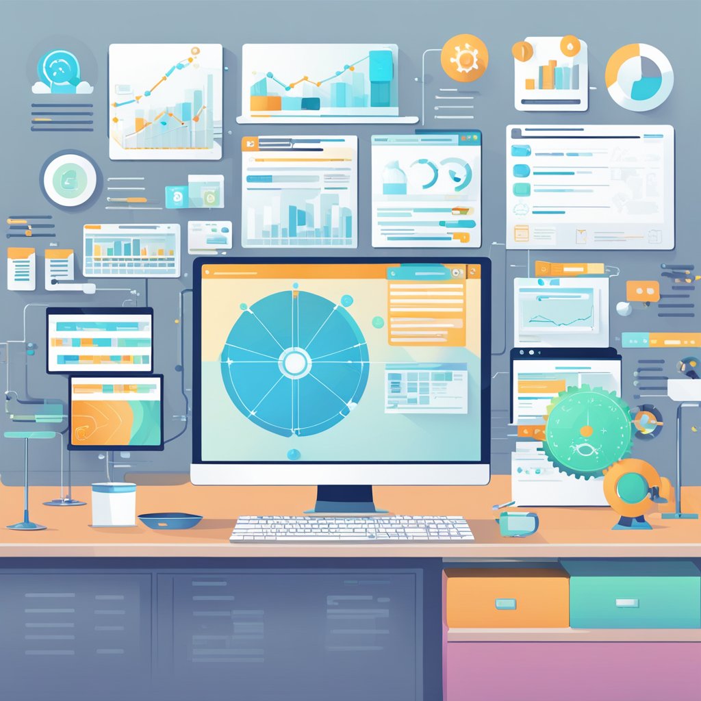 A computer screen displays IcyLeads alternative software generating leads. Various innovative technologies are shown, including data analytics and automation features