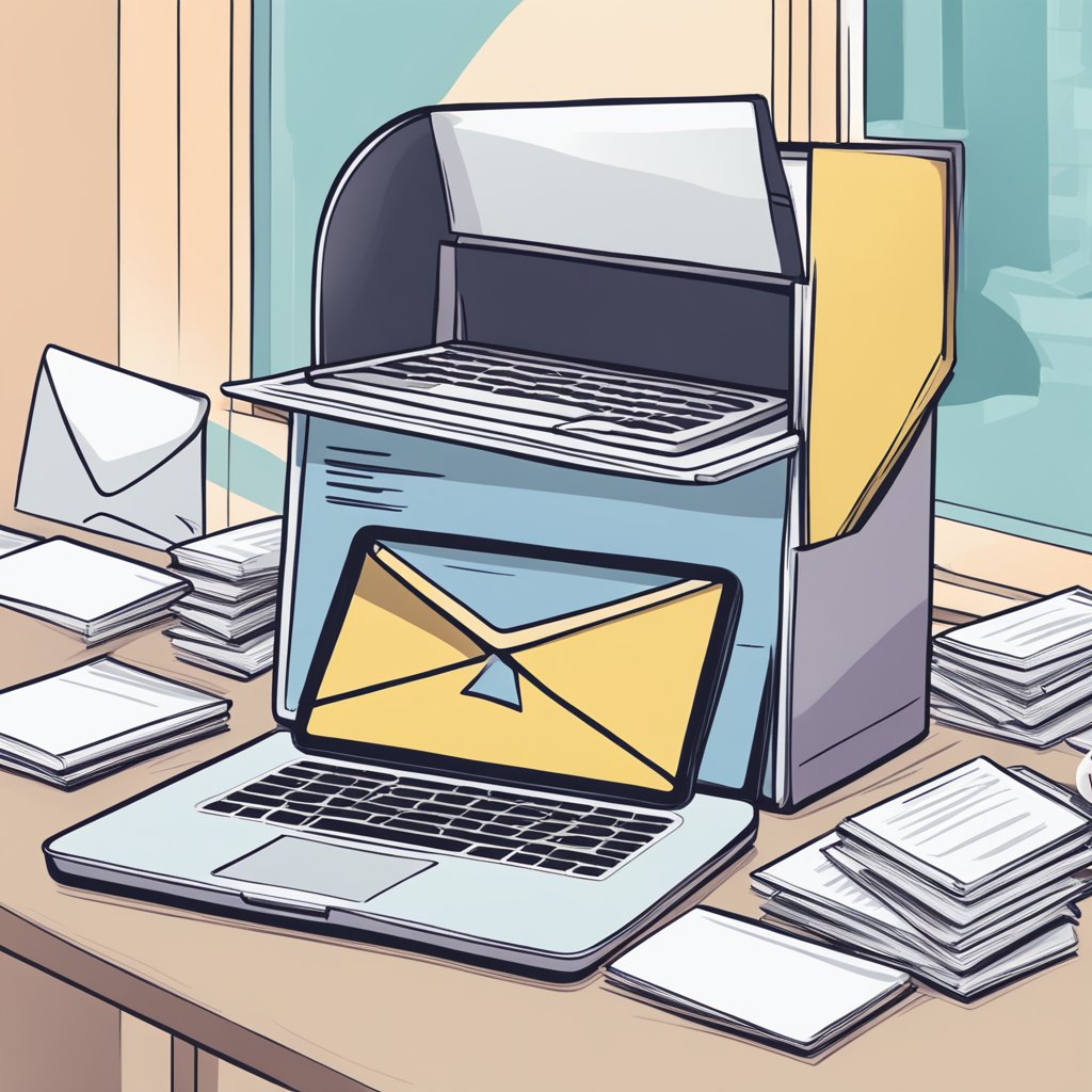 A laptop displaying "Strategies for Effective Email Outreach" next to a mailbox overflowing with letters, with an arrow pointing to a laptop with "IcyLeads Alternative" on the screen