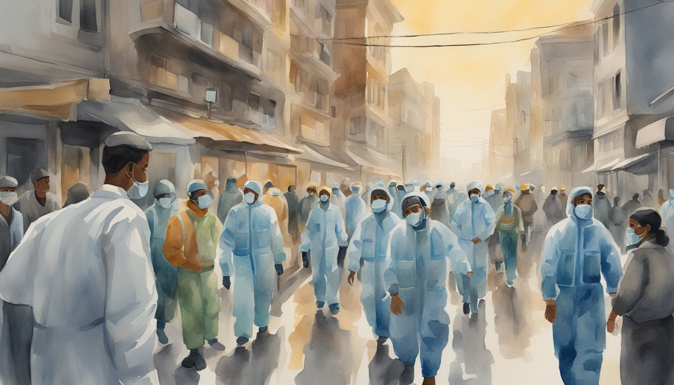 A crowded city street with people falling ill, medical workers in protective gear, and contaminated water sources