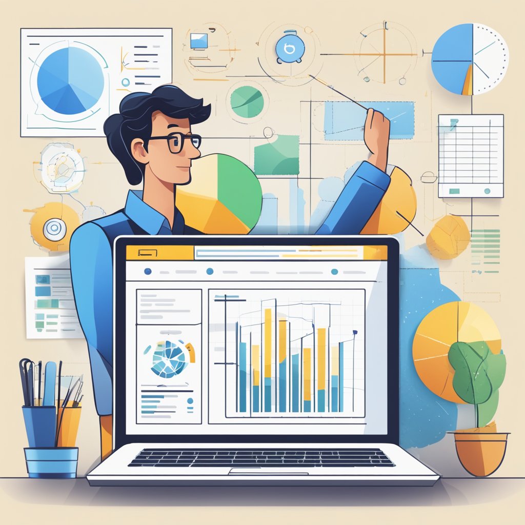 A person comparing features of different web scraping tools, surrounded by charts and lists, with a focus on ease of use and pricing