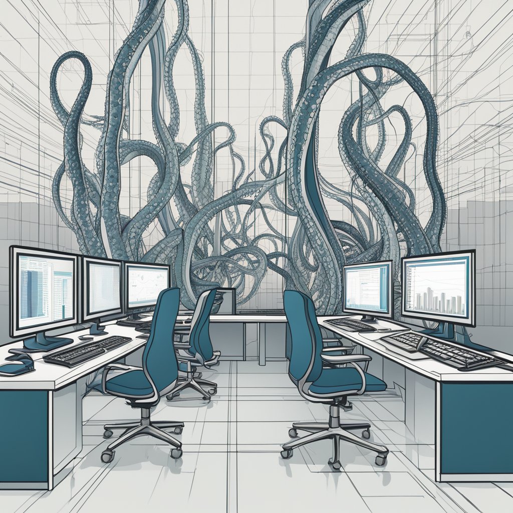Multiple computer screens displaying data and charts, connected by automated processes. Octopus tentacles symbolically intertwine with wires and cables, representing the seamless integration and automation of tasks
