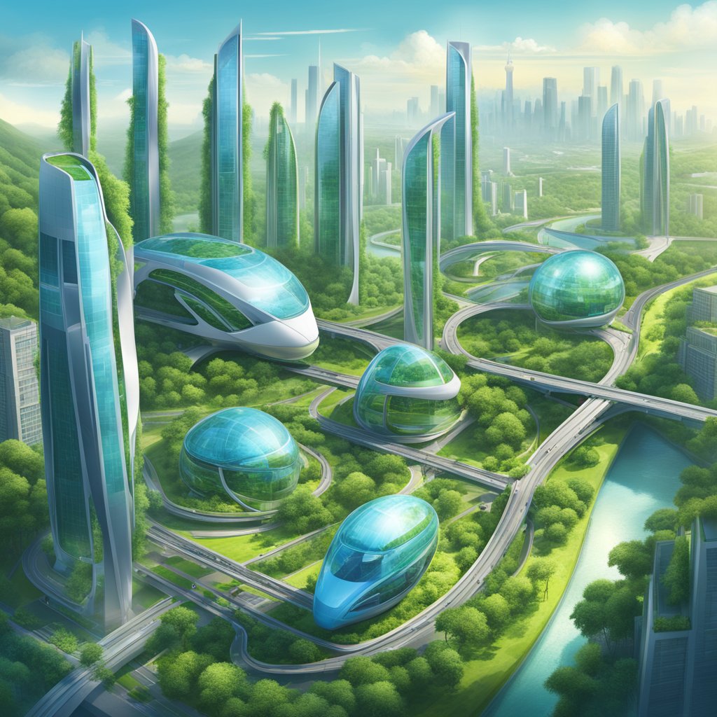A futuristic cityscape with sleek, towering buildings and advanced transportation systems, surrounded by lush greenery and renewable energy sources