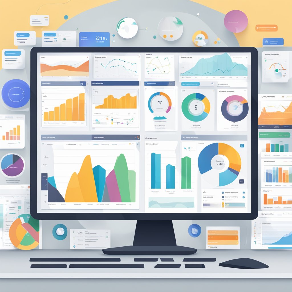 A computer screen displaying a dashboard of marketing automation tools with graphs, charts, and data visualizations. Multiple tabs open for Simplescraper and its alternative platforms