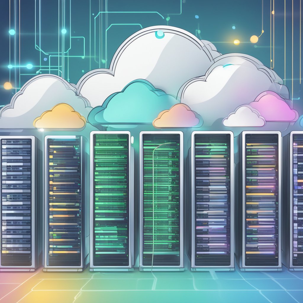 A server connected to a cloud storage system, with data being processed and transferred seamlessly