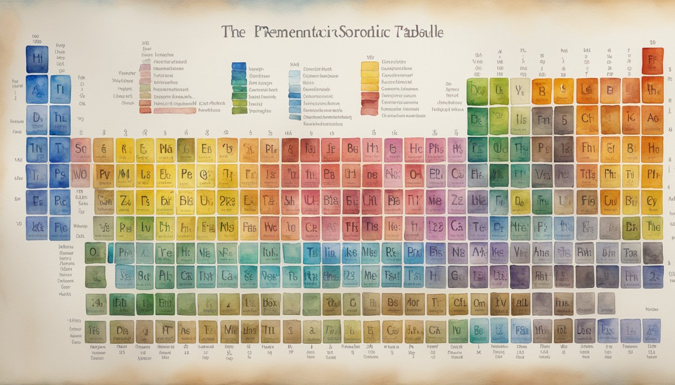 The periodic table displayed with clear groupings of elemental properties, colors representing different categories