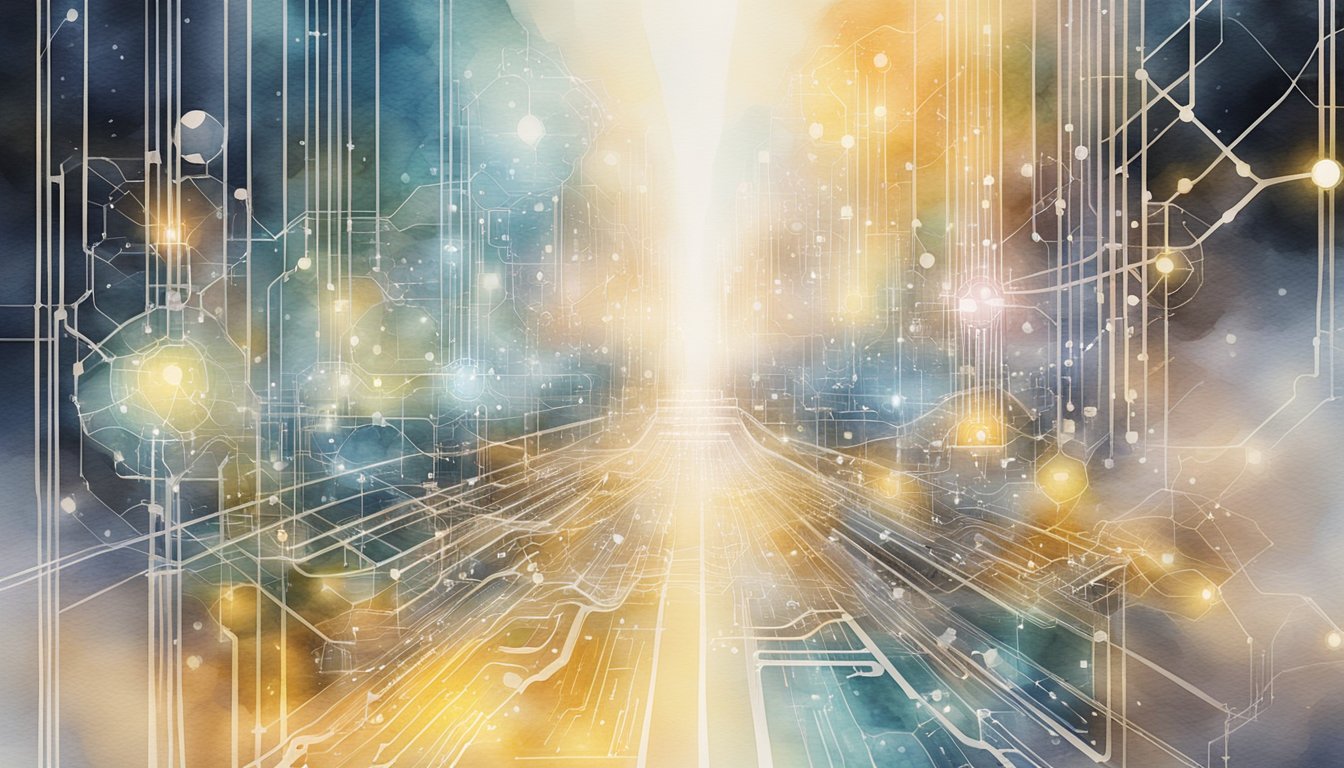 AI advancements portrayed by interconnected circuits and glowing data streams, symbolizing society's integration with technology