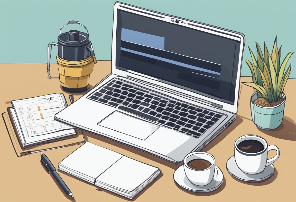 A laptop with a blog post displayed on the screen, surrounded by various relevant objects like a pen, notebook, and coffee mug