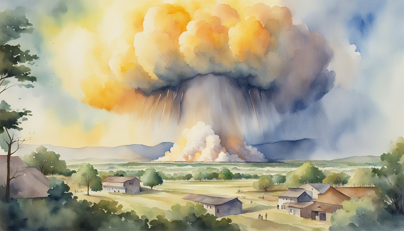 A nuclear explosion creates a massive blast radius, leveling buildings and trees, and leaving a crater in the center