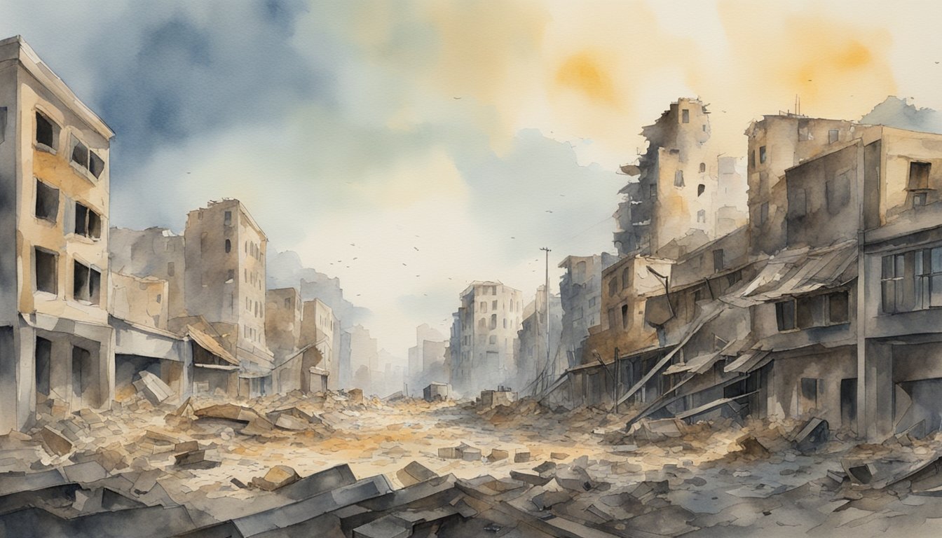 A devastated cityscape with crumbling buildings and debris scattered across the area, depicting the aftermath of a nuclear blast